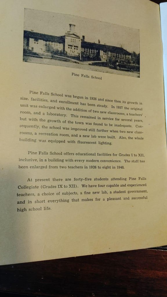 Document giving history of Pine Falls School, stating it was build in 1926 and currently had 46 students and 4 teachers (date not known).